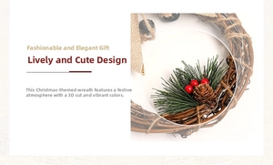Close-up of Christmas wreath with natural pine cones berries and rustic burlap bow
