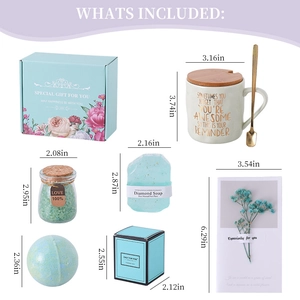 Detailed gift set list showing ceramic tulip mug with dimensions of all items