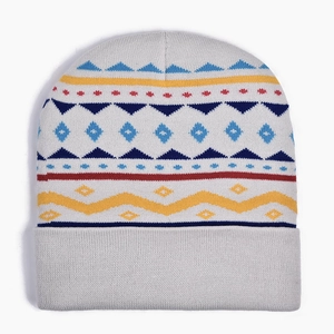 Close-up of geometric knit patterns on a warm grey winter beanie with wool texture