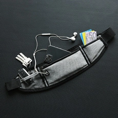 Detail view of grey 400D oxford waist bag with phone, keys, and earphone storage space