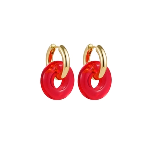 French style gold plated hoop earrings with vibrant red transparent resin circle charms