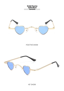 Front and 45-degree views of heart-shaped sunglasses with gold frames and blue lenses