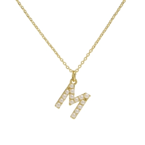 Classic 18k gold plated necklace featuring an M-shaped pendant set with small white pearls