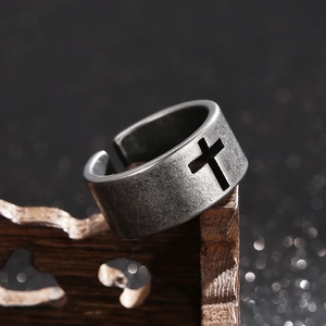 Vintage Cross Hollow Open Ring Stainless Steel Antique Silver Finish Adjustable Band Men Gothic Punk Jewelry