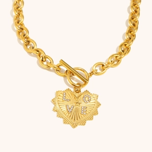 Chunky Heart Pendant Necklace Stainless Steel 18K Gold Plated LOVE Rhinestone Toggle Clasp O-Link Chain Fashion