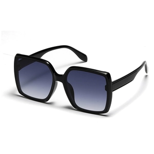 Detail view of stylish square sunglasses with black frame and blue-grey gradient lenses