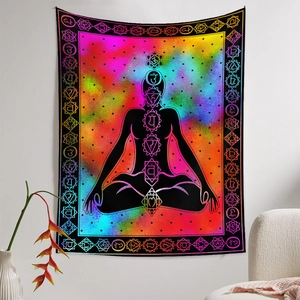 Bohemian Chakra meditation tapestry with colorful nebula and rainbow symbols for wall decor