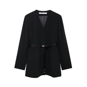 Close-up of black V-neck blazer with waist tie and smooth woven fabric texture