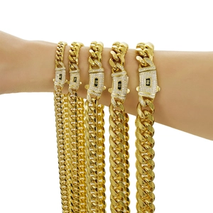 Cuban Chain Necklace Stainless Steel 14K Gold Plated Heavy Hip Hop Jewelry Men With Zircon Copper Clasp