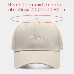 Detail of beige baseball cap with Forever embroidery and 56-58cm head size info