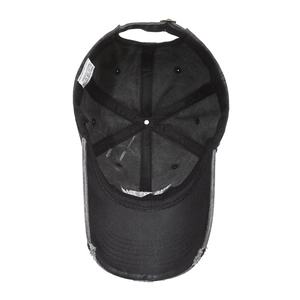 Retro distressed black cotton baseball cap showing internal stitching and adjustable strap