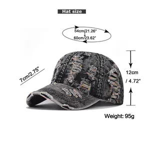 Size chart for distressed denim baseball cap with head circumference and weight details