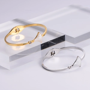 Elegant gold and silver stainless steel fan-shaped bracelets with white shell inlay