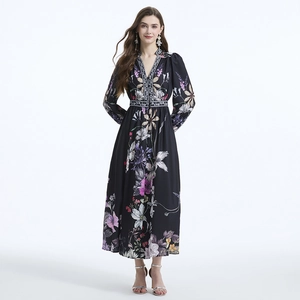 Floral V-neck long sleeve maxi dress with black base and ruffle hem for vacation