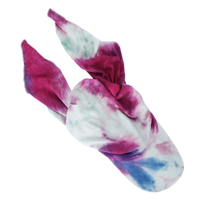 Detail of soft tie-dye headscarf featuring purple and blue fabric with a decorative bow