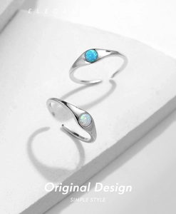 Minimalist S925 sterling silver open adjustable ring featuring round blue and white opals