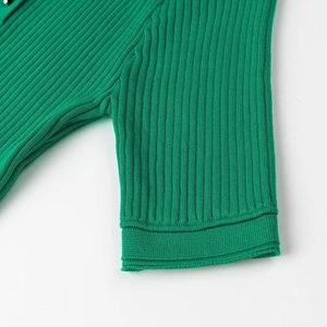 Détail de la manche courte en maille côtelée verte sur une robe ajustée chic