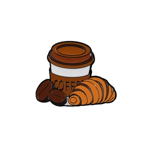 Enamel coffee and croissant lapel pin with coffee cup design in brown and beige colors