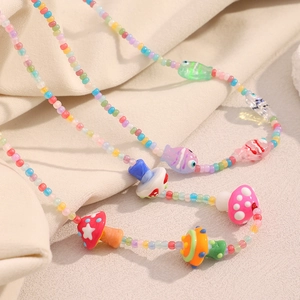 Collier Perlé Fait Main Breloques Champignon Poisson Acier Inoxydable Plaqué Or 18K Résine Acrylique Bijoux Boho Femme