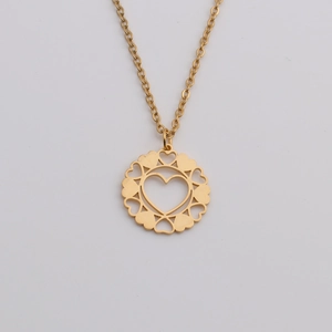 Golden titanium steel MOM heart pendant necklace with hollow circular design for women