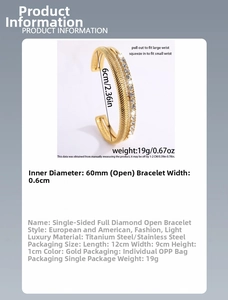 Detail view of 60mm diameter gold-plated stainless steel bracelet with cubic zirconia