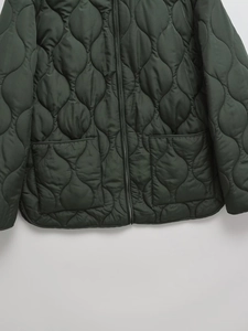 Detail of dark green quilted jacket featuring a zipper closure and large symmetrical pockets