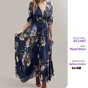 Robe Maxi Boheme A Imprime Fleuri Pour Femme Col En V Manches Trois Quarts Elegante Longue Robe Vintage