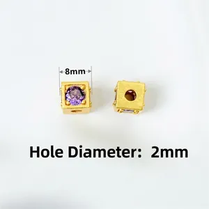 8mm square gold-plated bead with purple zircon inlay and 2mm aperture for DIY jewelry