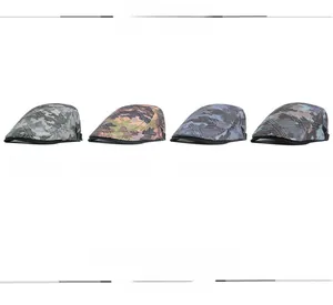 Detail view of four camouflage duckbill caps in grey, khaki, blue and light khaki colors