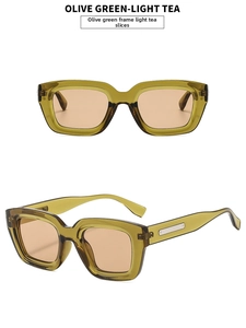 Detail of olive green rectangle sunglasses with light tea lenses and silver temple accents