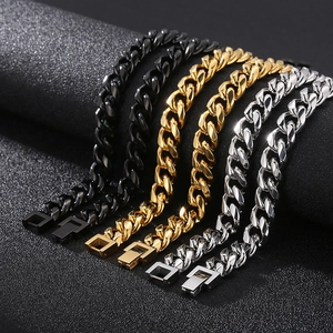 Polished stainless steel Cuban link chains for men in silver, gold, and black colors