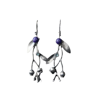 Retro silver branch earrings with blue lapis lazuli and leaf charms in nature style