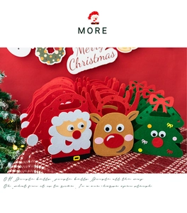 Close-up of thick felt Christmas gift bags with 3D Santa and Reindeer appliques