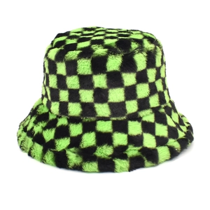 Detailed view of winter plush bucket hat featuring vibrant green and black checkered faux fur