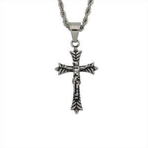 Classic vintage stainless steel Jesus cross pendant with wings on a twisted chain