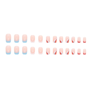 French press-on nails with minimalist blue, white and red wavy striped patterns