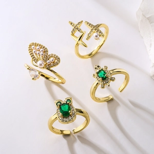 Women Adjustable Open Rings Copper 18K Gold Plated Zircon Synthetic Artificial Pearl Butterfly Turtle Frog Star Design Fashion Jewelry