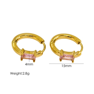 Detail of 15mm 18K gold stainless steel earrings with 4mm pink zircon stones