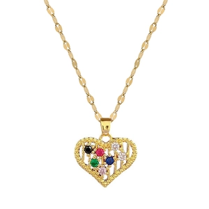 Luxurious gold stainless steel heart necklace with colorful crystals and hollow design