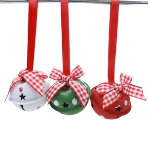 Set of 4cm metal Christmas bells with star cutouts and festive plaid ribbons