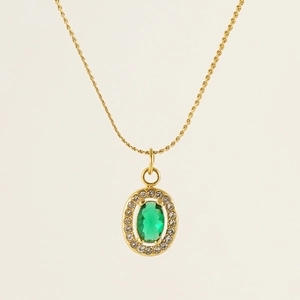 Detail view of double-layer chain necklace with green oval zircon in 18K gold finish