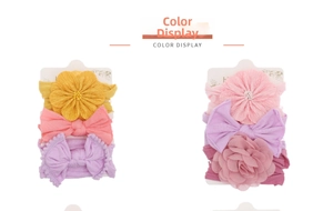 Three-piece baby nylon headband sets featuring large floral and knotted bow designs