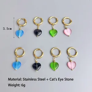 French style stainless steel 18K gold earrings with colorful cat eye stone hearts