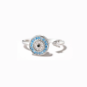 S925 sterling silver evil eye rotating ring with blue zircon and adjustable open band