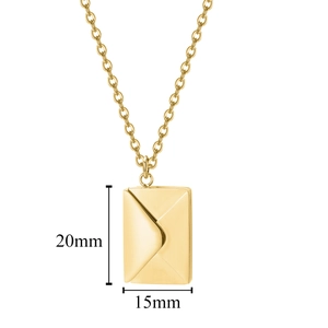 Gold envelope pendant necklace in stainless steel measuring 20mm by 15mm on white background