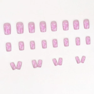 Dreamy purple aurora press-on nails set with glitter stars and white cloud patterns