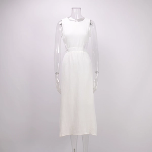 Detail of white sleeveless dress with side waist cut-outs and elastic pleated waist texture