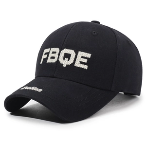 Classic black baseball cap with white FBQE embroidery on front shown at a 45-degree angle