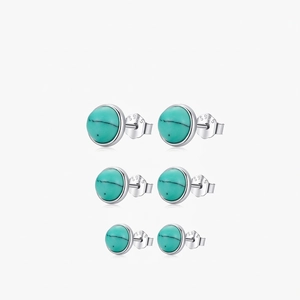 Round Turquoise Stud Earrings With 925 Sterling Silver Earring Post Bezel Set Vintage Geometric Fashion Jewelry For Women