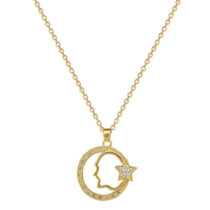 Elegant gold titanium steel necklace with star and moon pendant featuring sparkling crystals